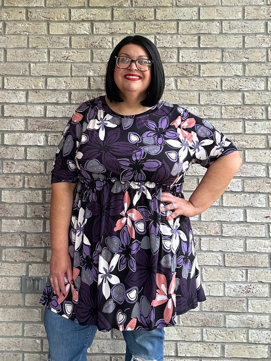 Joellene purple floral short sleeve babydoll top