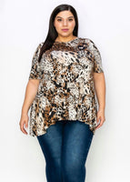 Mya brown animal print short sleeve babydoll top