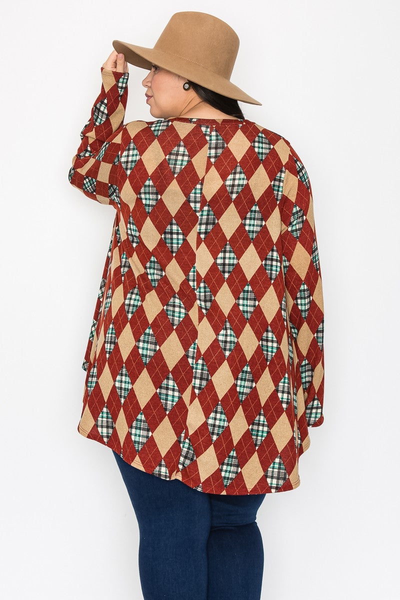 Joy tan plaid v neck swing top