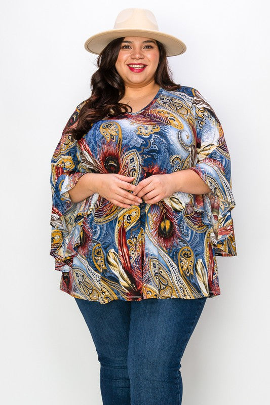 Kaylin blue paisley ruffle sleeve top