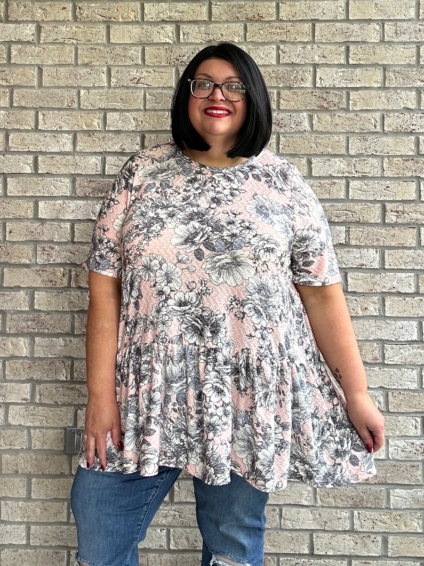 Tonya pink floral print ruffle bottom top