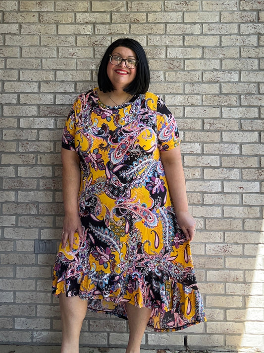 Bella yellow print ruffle hem dress 18