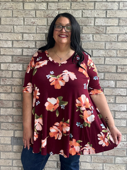 Claudia burgundy floral print swing top