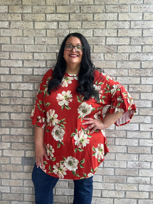 Erica rust floral print ruffle sleeve top