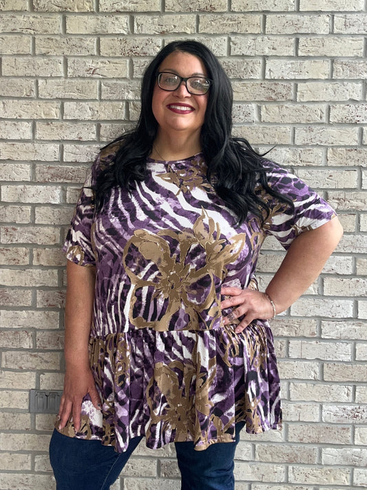 Mya purple floral print short sleeve babydoll top 3