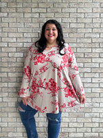 Beth red tan floral long sleeve top