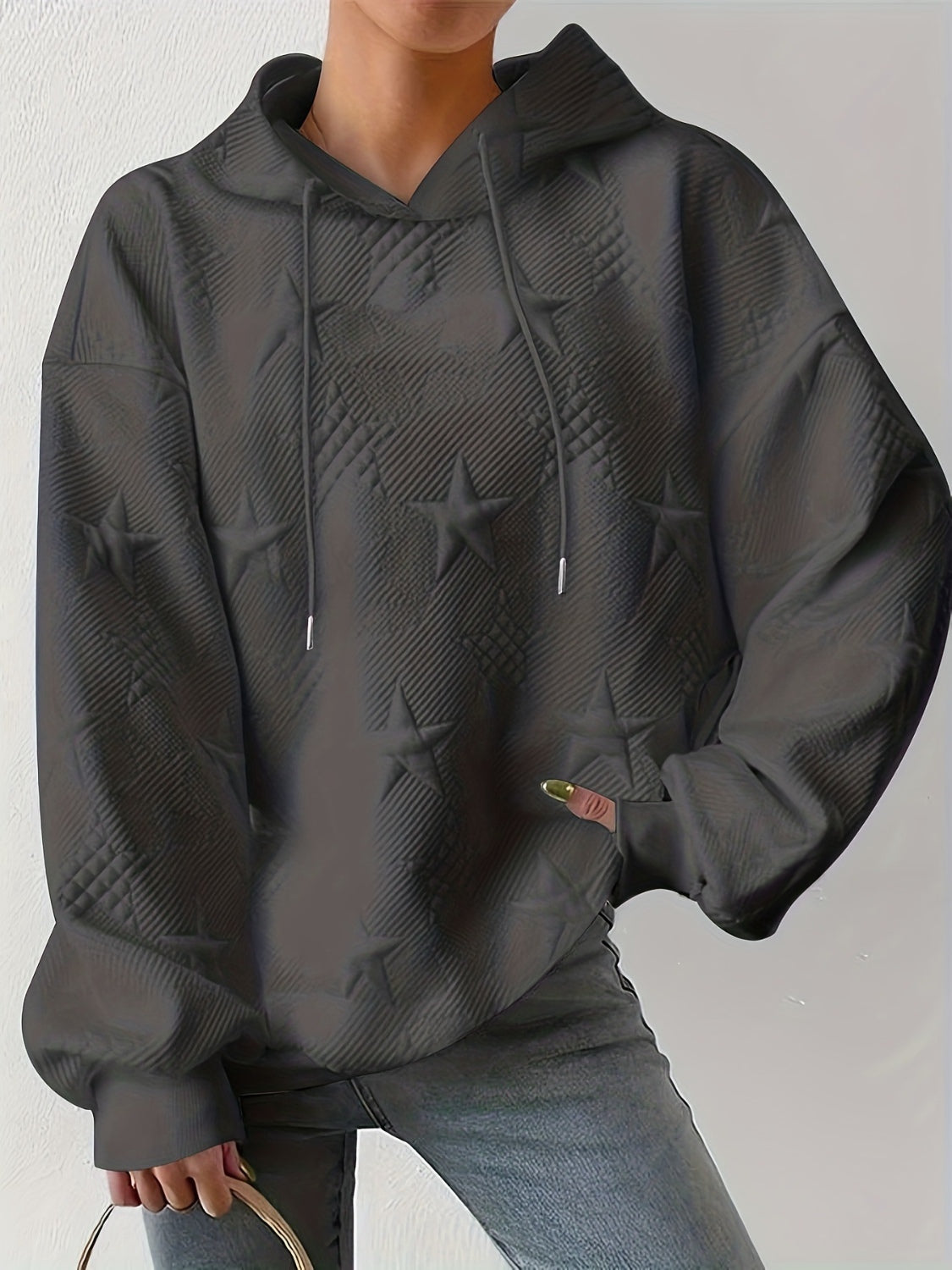 Star Texture Long Sleeve Drawstring Hoodie