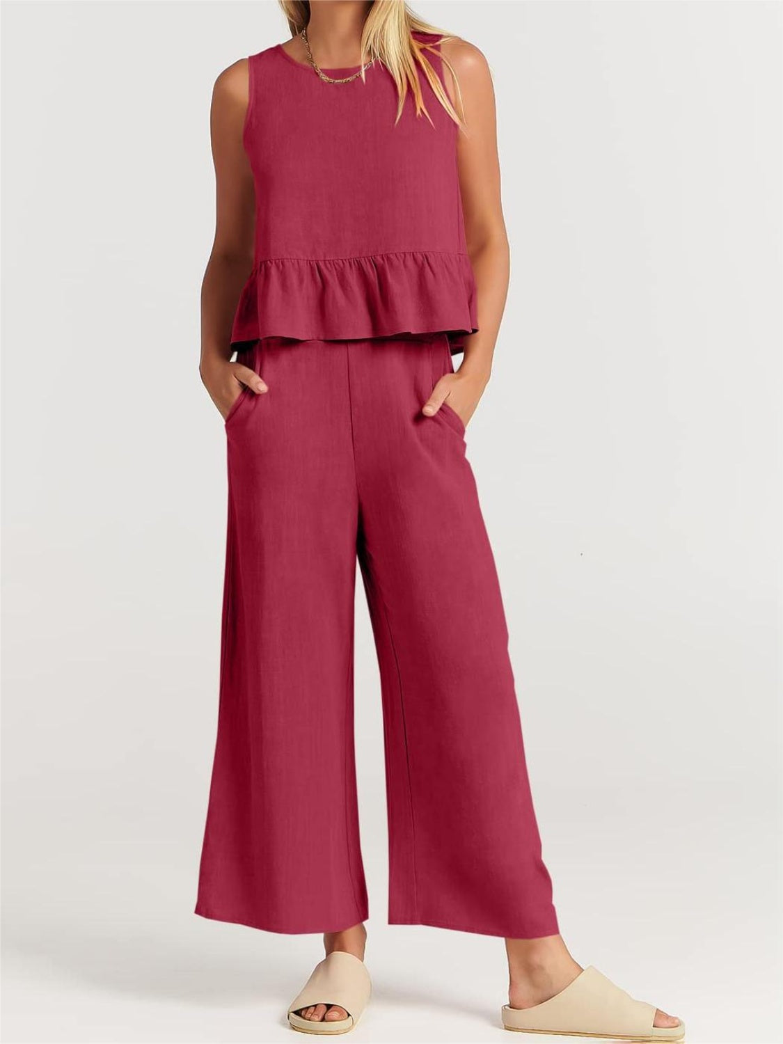 Round Neck Top and Wide Leg Pants Set