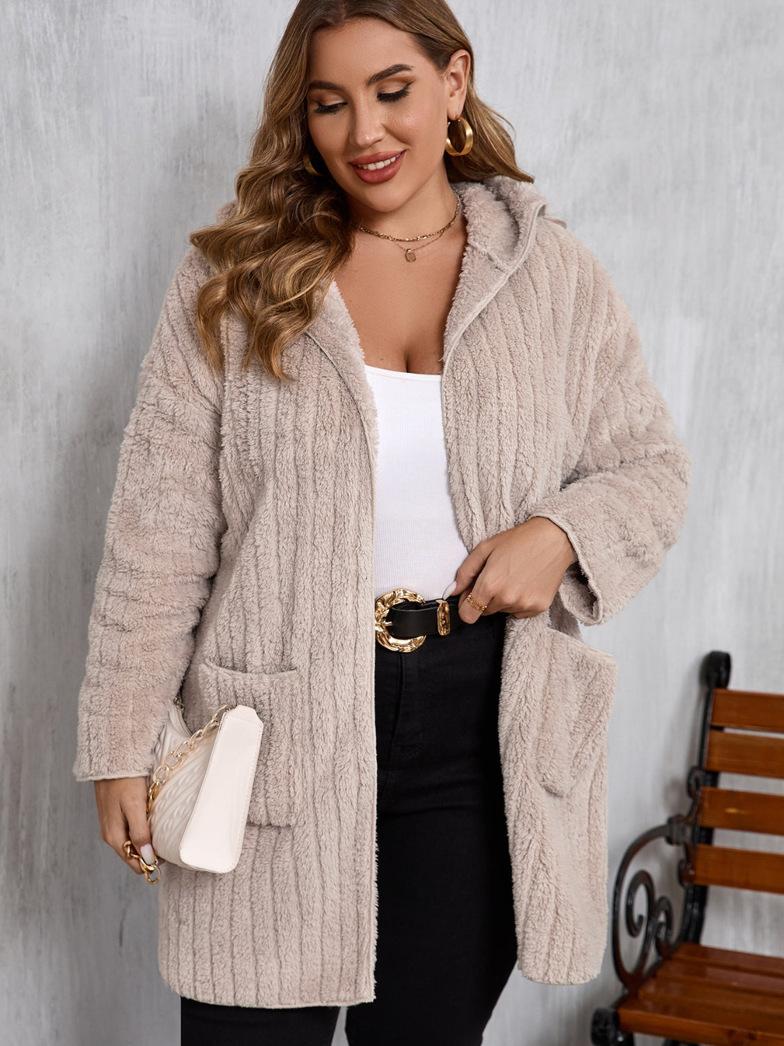 Open Front Long Sleeve Hooded Fuzzy Jacket