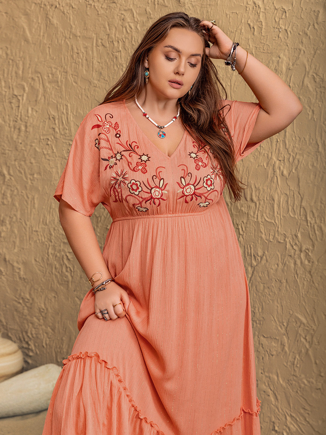 Frill Embroidered V-Neck Half Sleeve Maxi Dress