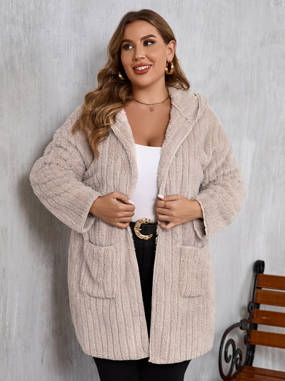 Open Front Long Sleeve Hooded Fuzzy Jacket