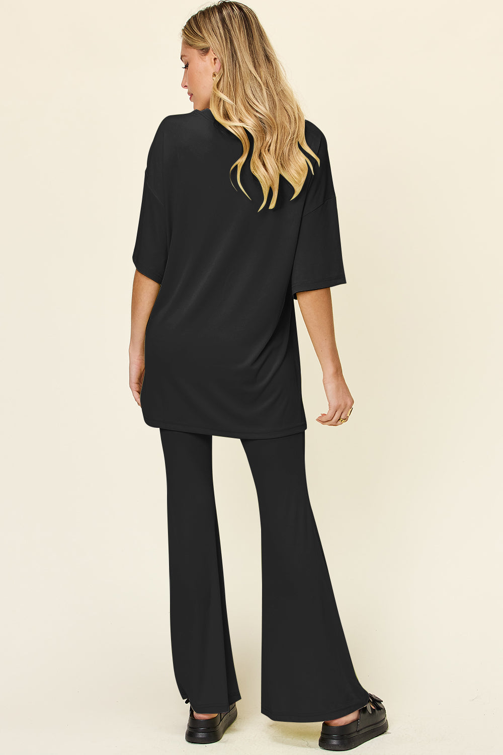 Double Take Round Neck Drop Shoulder T-Shirt and Flare Pants Set
