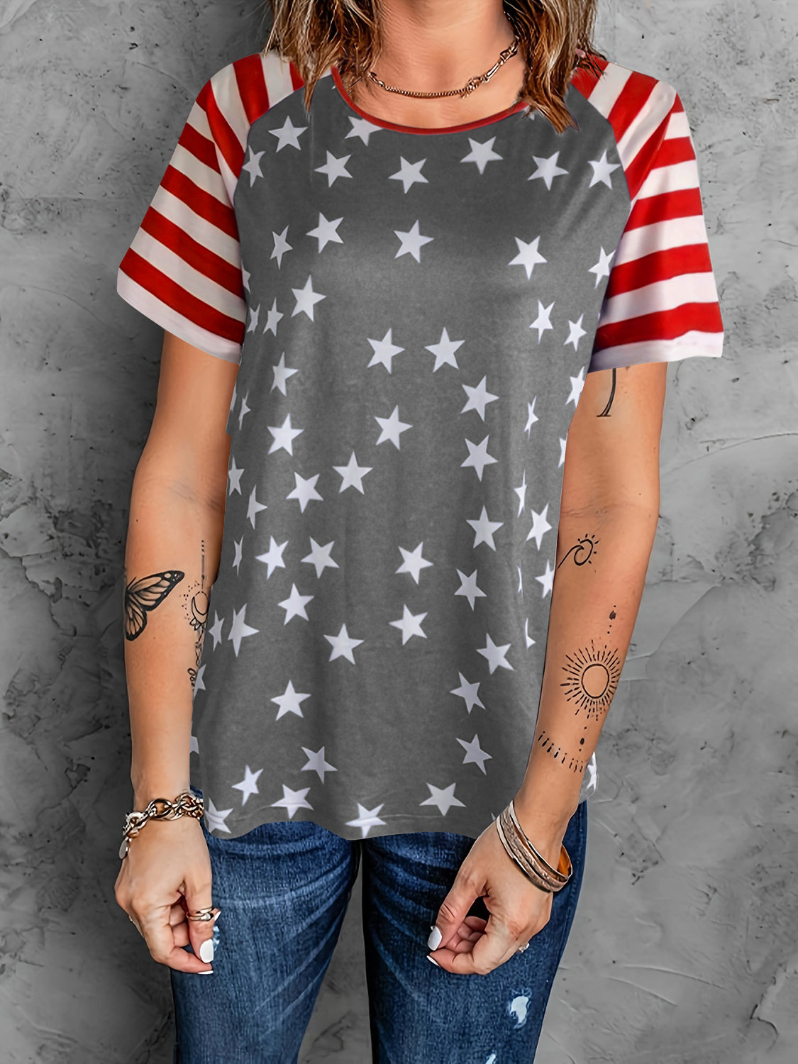 Star Striped Round Neck Short Sleeve T-Shirt