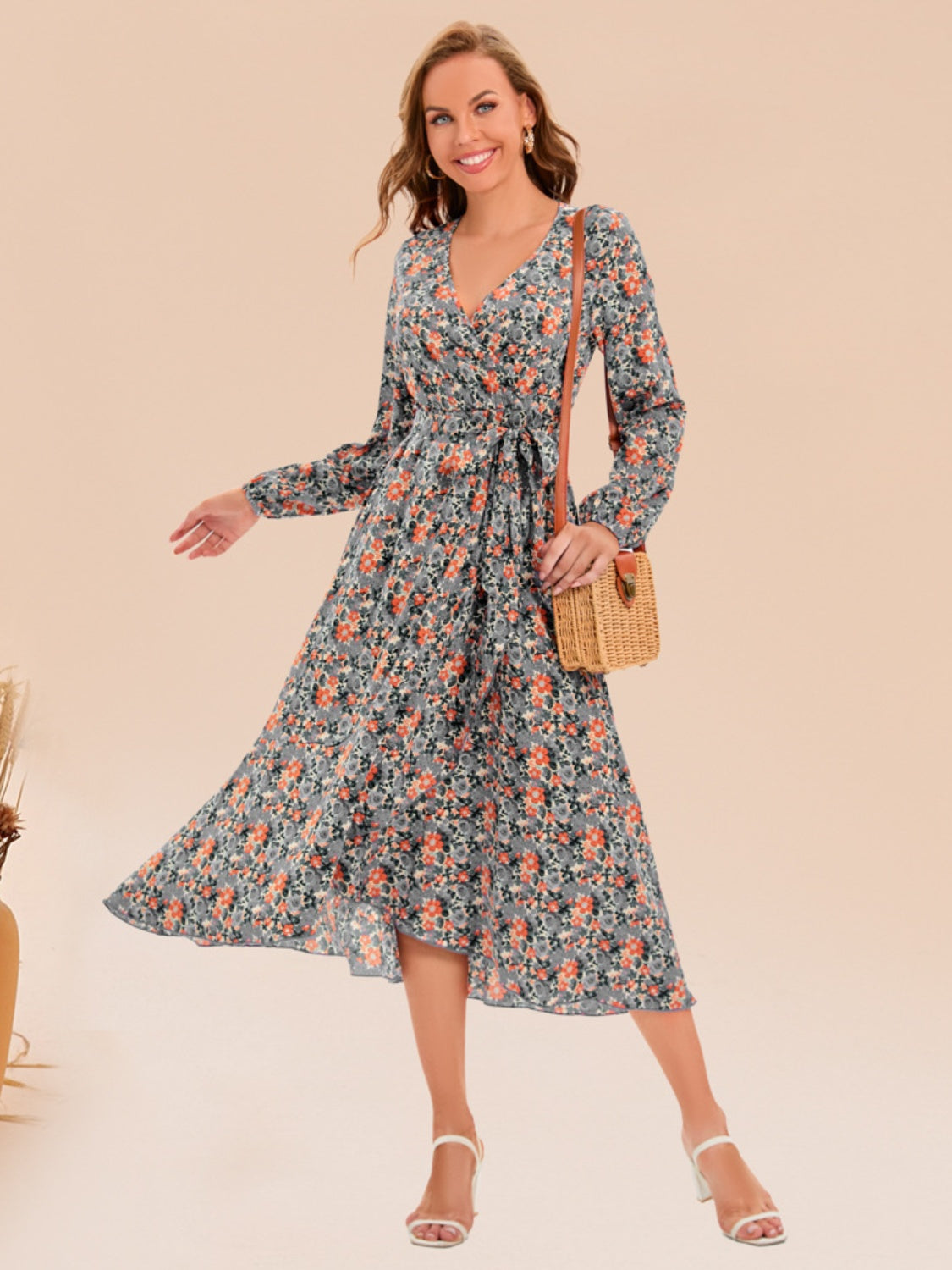 Printed Surplice Long Sleeve Dress