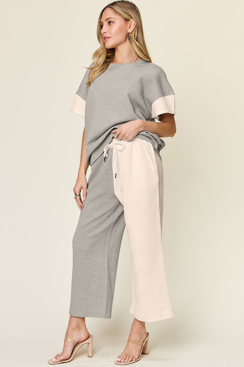 Double Take Texture Contrast T-Shirt and Wide Leg Pants Set