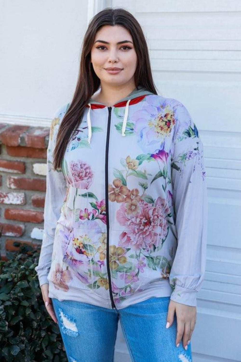 Tasha Apparel Floral Zip Up Hoodie