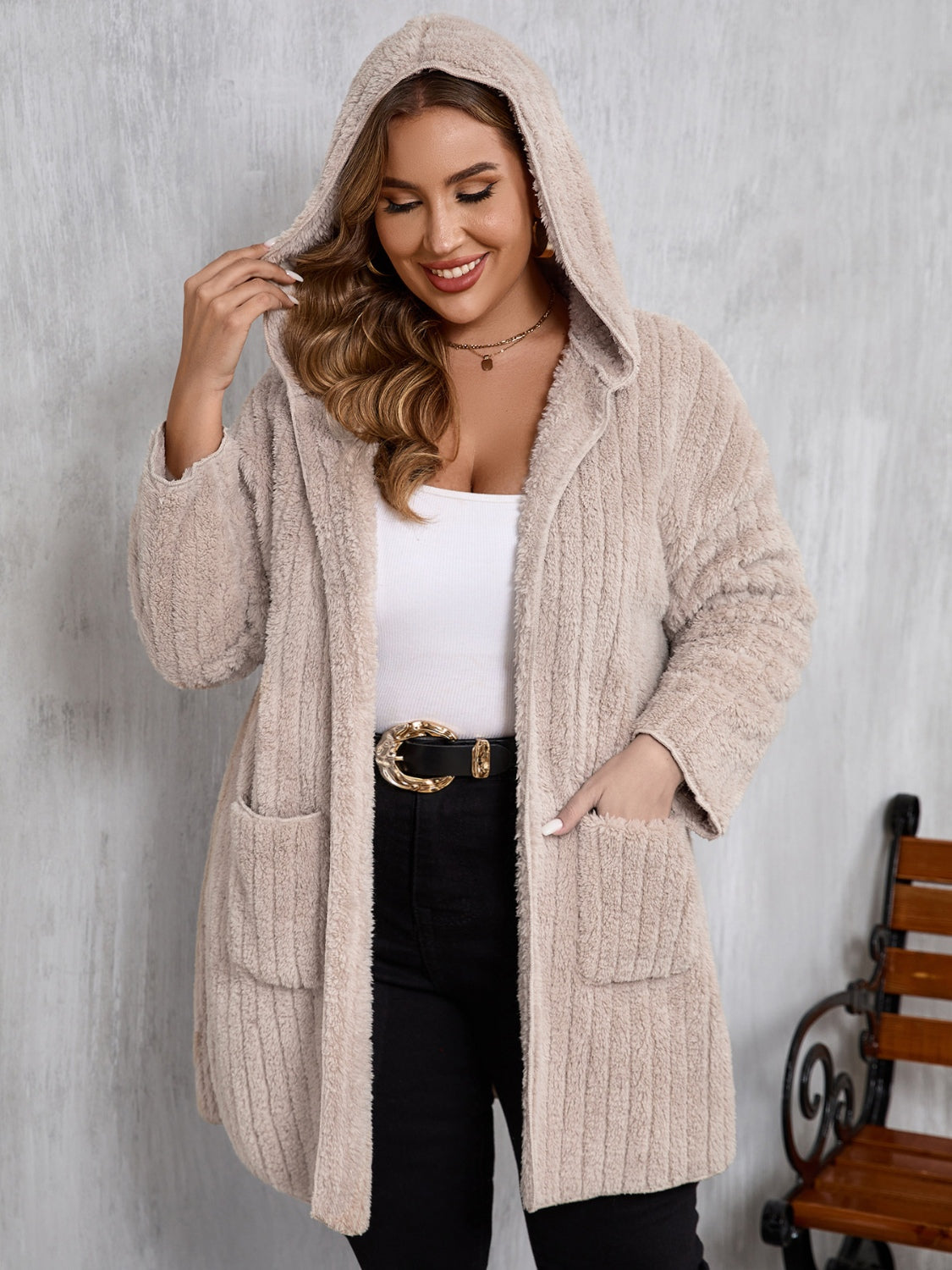 Open Front Long Sleeve Hooded Fuzzy Jacket