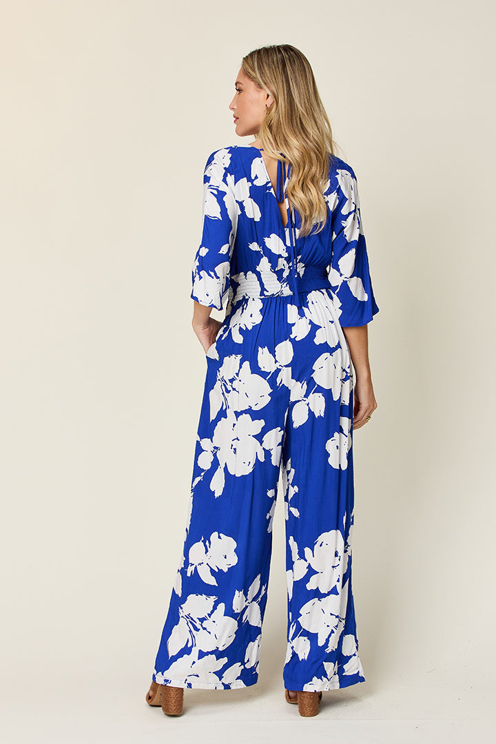 Double Take Printed Tie Back Wide Leg Jumpsuit