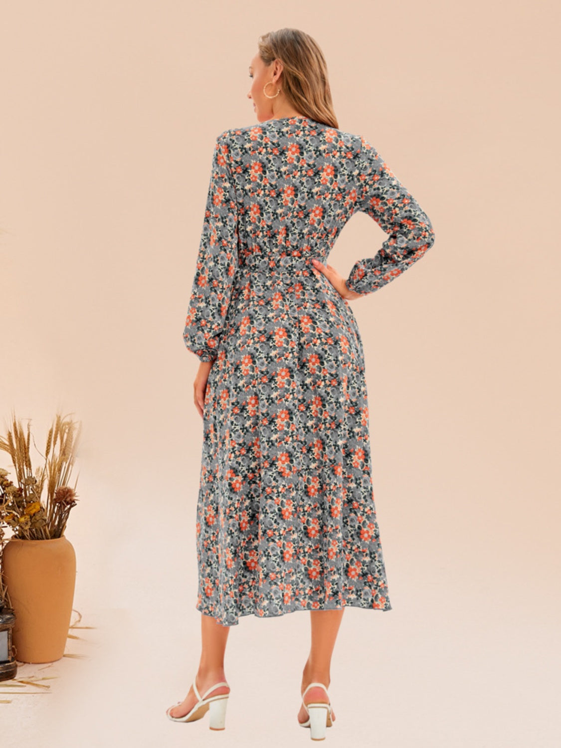 Printed Surplice Long Sleeve Dress