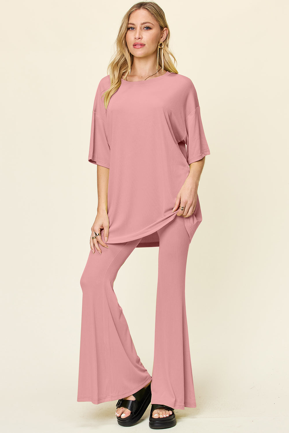 Double Take Round Neck Drop Shoulder T-Shirt and Flare Pants Set