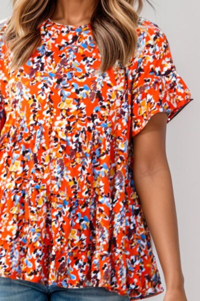 Floral Round Neck Tiered Blouse