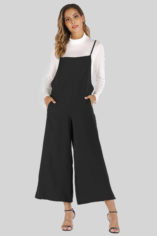 Cropped Wide Leg Overalls with Pockets