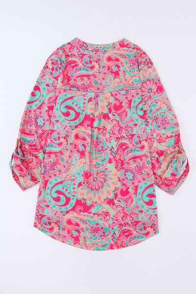 Printed Notched Long Sleeve Blouse