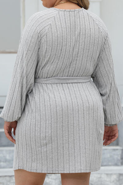 Ribbed Tie Front Long Sleeve Sweater Dress