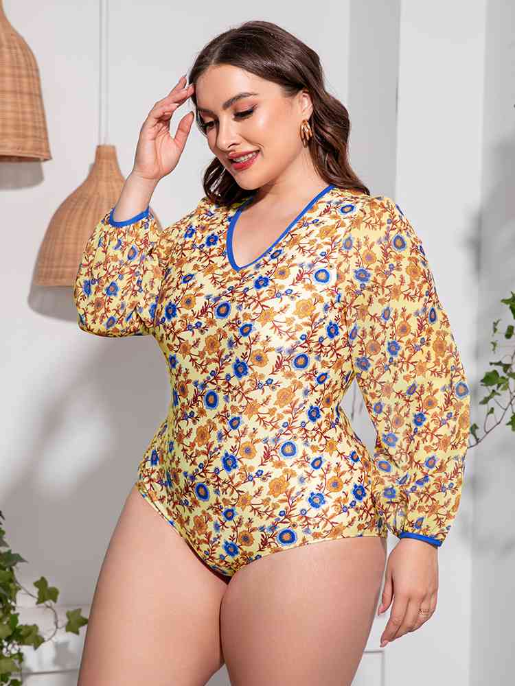 Floral Open Back Long Sleeve One-Piece Swimsuit