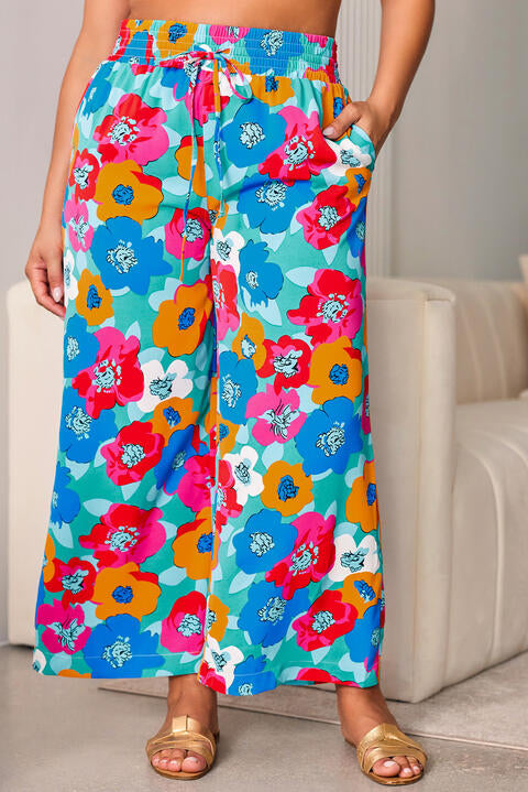 Floral Drawstring Wide Leg Pants with Pockets