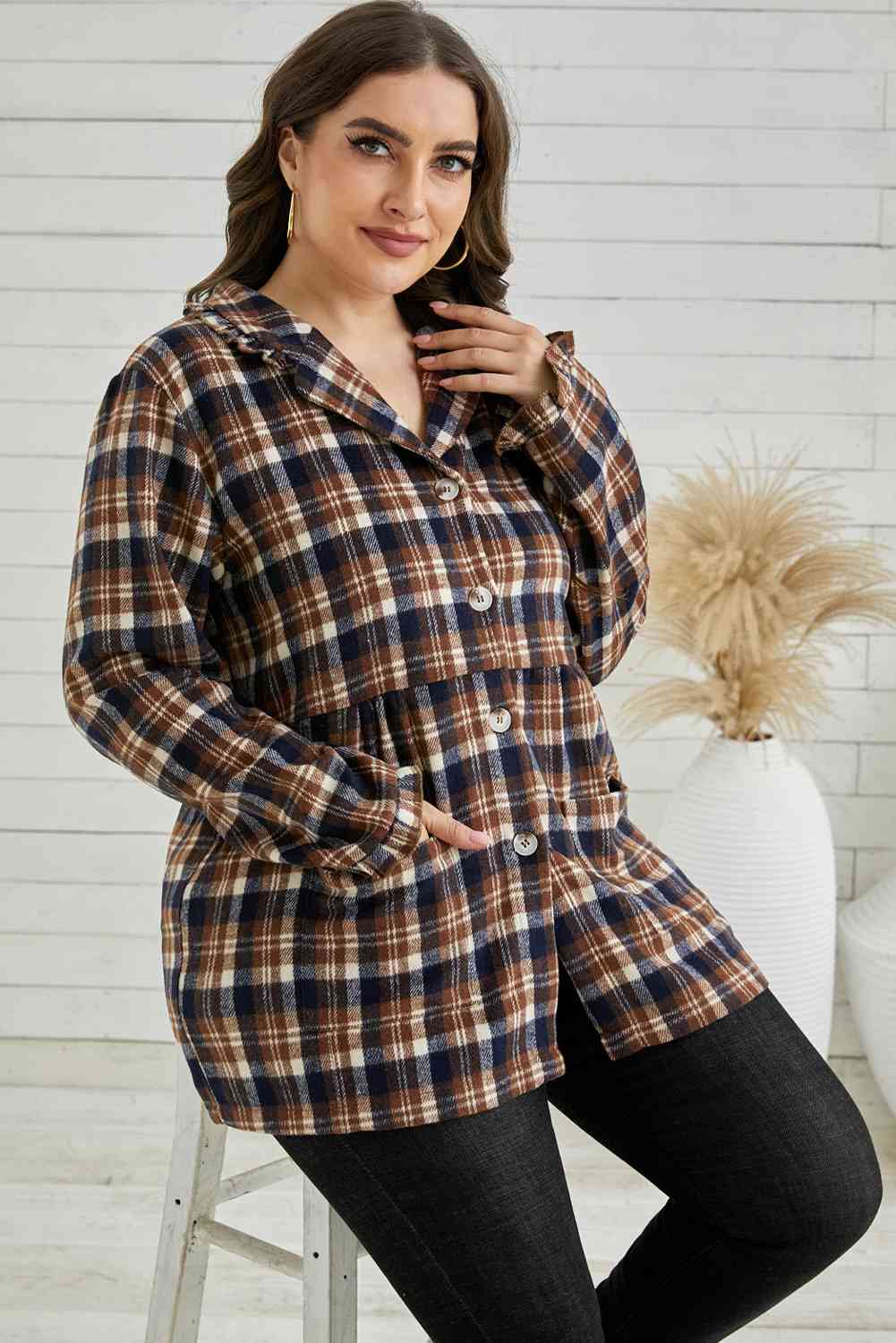 Plaid Buttoned Collared Shacket
