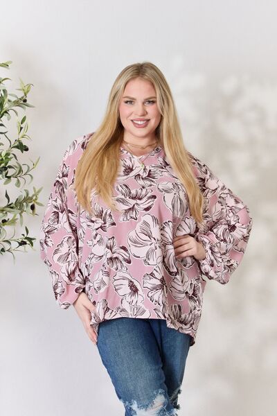 Blusa con manga globo y cuello en V floral de tamaño completo de Heimish