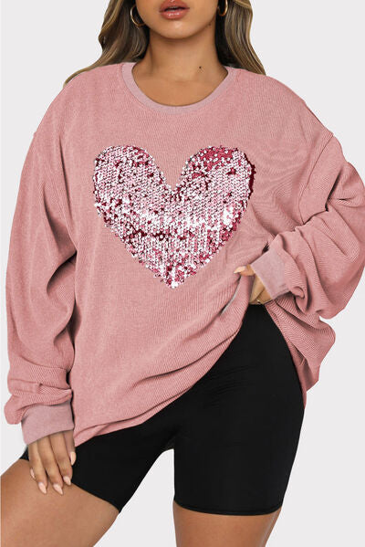 Heart Sequin Round Neck Sweatshirt