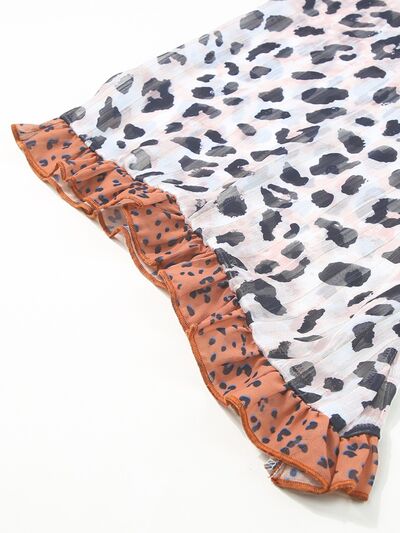 Leopard Ruffle Trim Long Sleeve Blouse