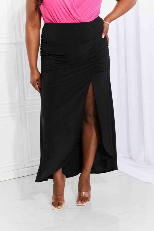 White Birch Up and Up Ruched Slit Maxi Skirt in Black