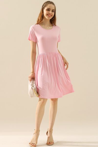 Ninexis Round Neck Ruched Dress with Pockets