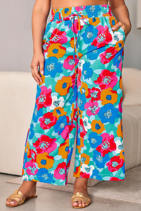 Floral Drawstring Wide Leg Pants with Pockets