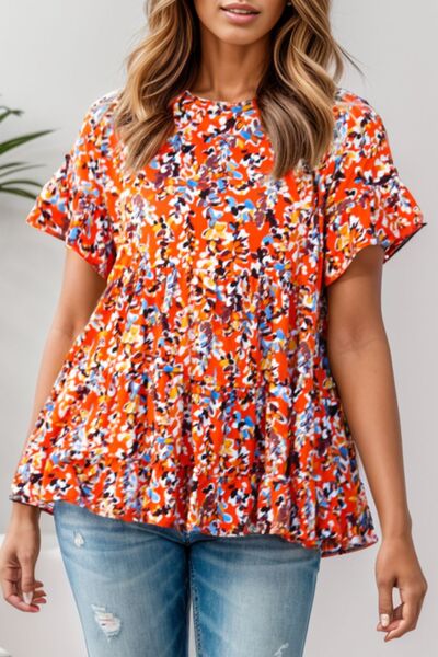 Floral Round Neck Tiered Blouse