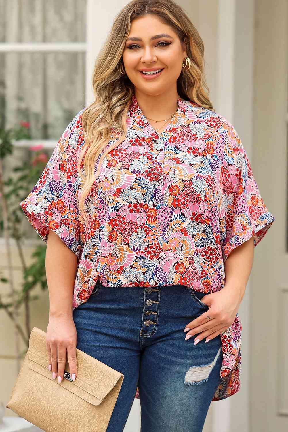 Printed Notched Neck Half Sleeve Top