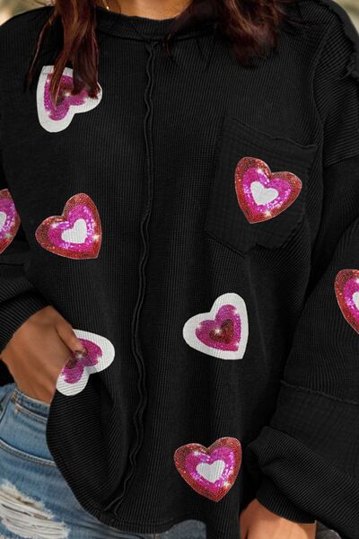 Heart Sequin Round Neck Sweatshirt