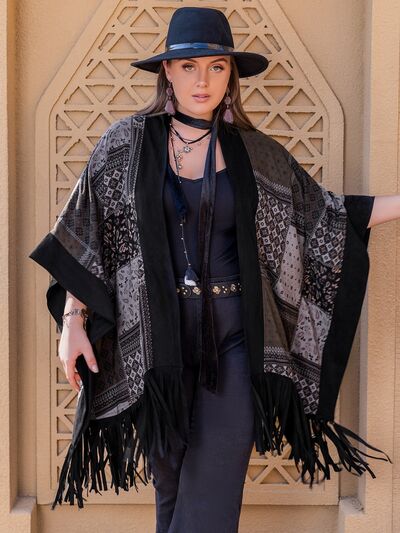 Printed Fringe Open Front Outerwear
