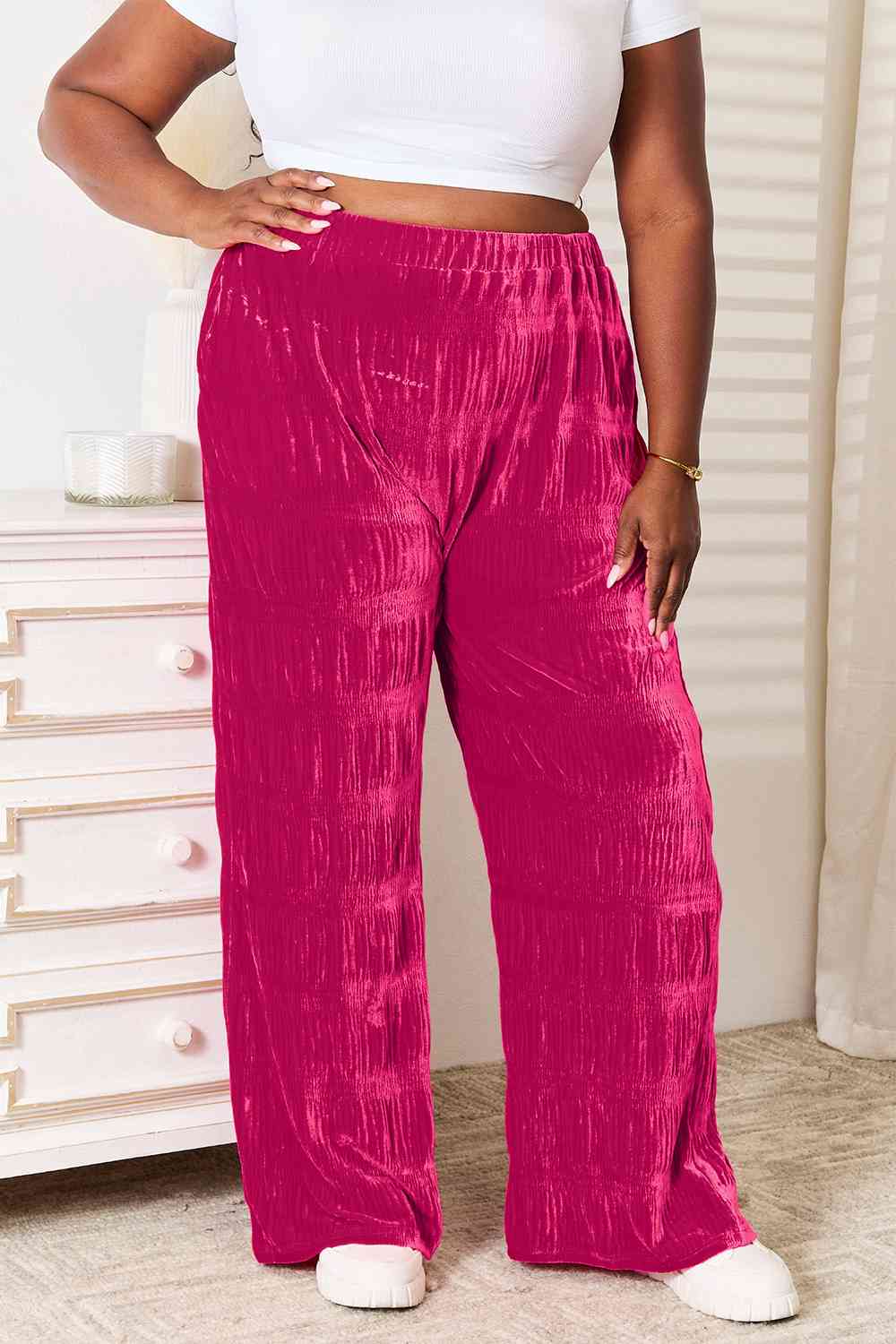 Pantalones anchos de terciopelo con fruncido escalonado y cintura alta de tamaño completo de doble toma