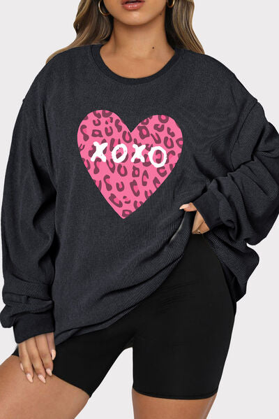 XOXO Heart Round Neck Long Sleeve Sweatshirt