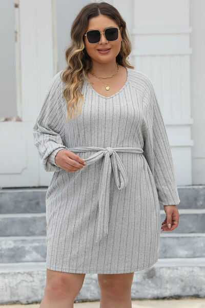 Ribbed Tie Front Long Sleeve Sweater Dress