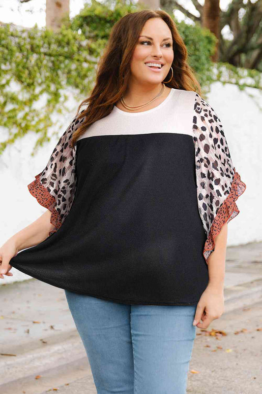 Printed Color Block Ruffled Blouse