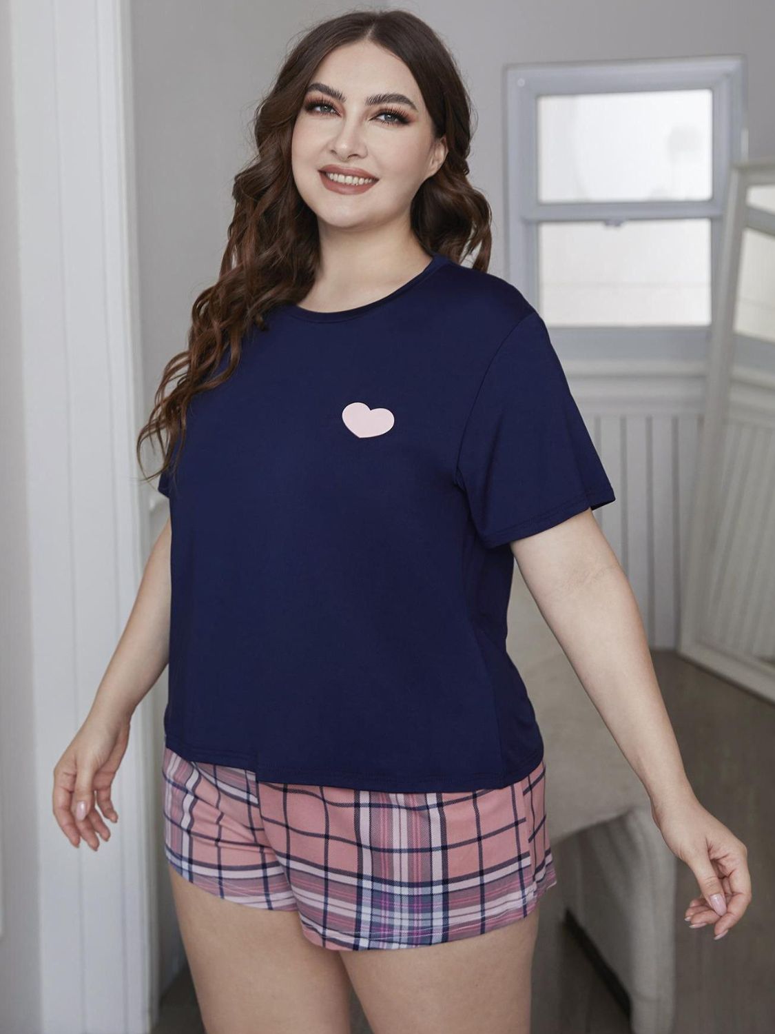 Heart Graphic Top and Plaid Shorts Loungewear Set