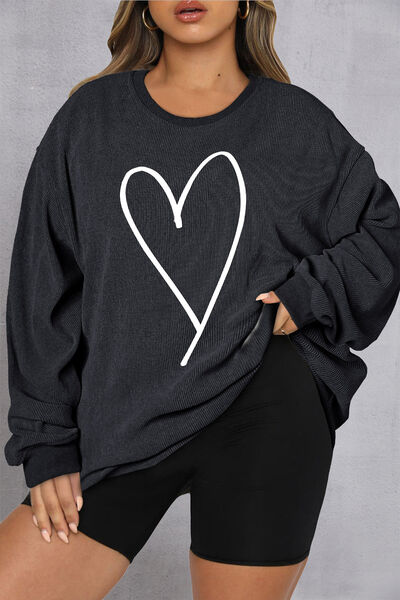 Heart Ribbed Round Neck Sweatshirt