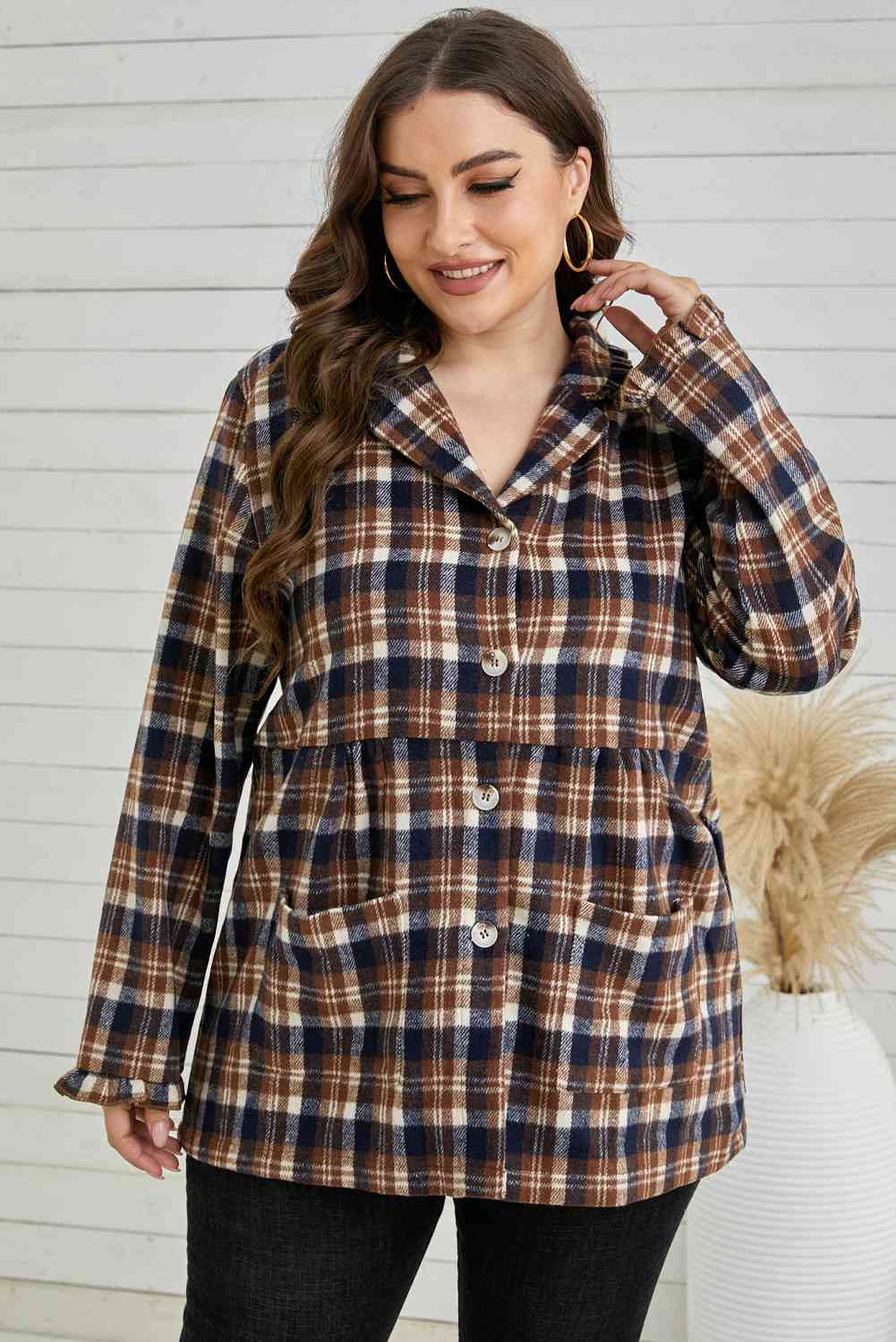 Plaid Buttoned Collared Shacket