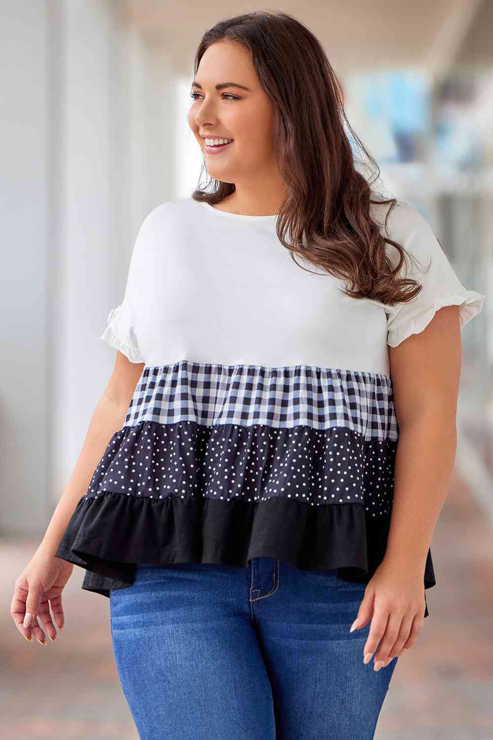 Plaid Color Block Tiered Blouse