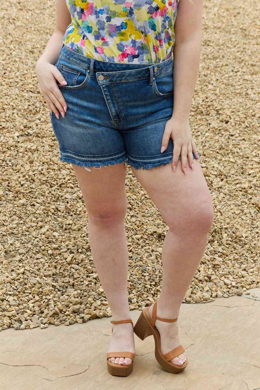 RISEN Maya Full Size Mid Rise Asymmetrical Shorts